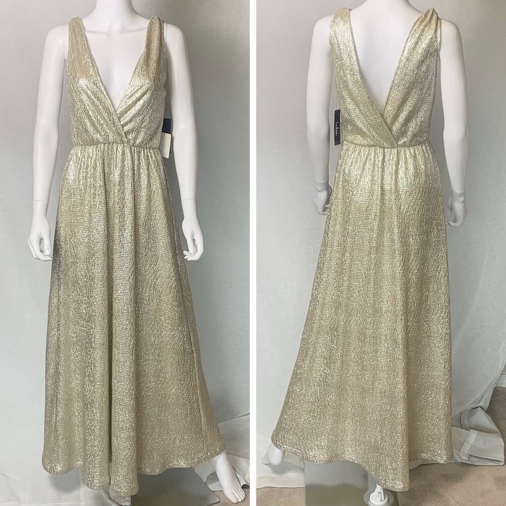 Lulus Gold‎ Shimmering Maxi Dress Womens Small Deep V Neck Formal Gown (0405)NWT